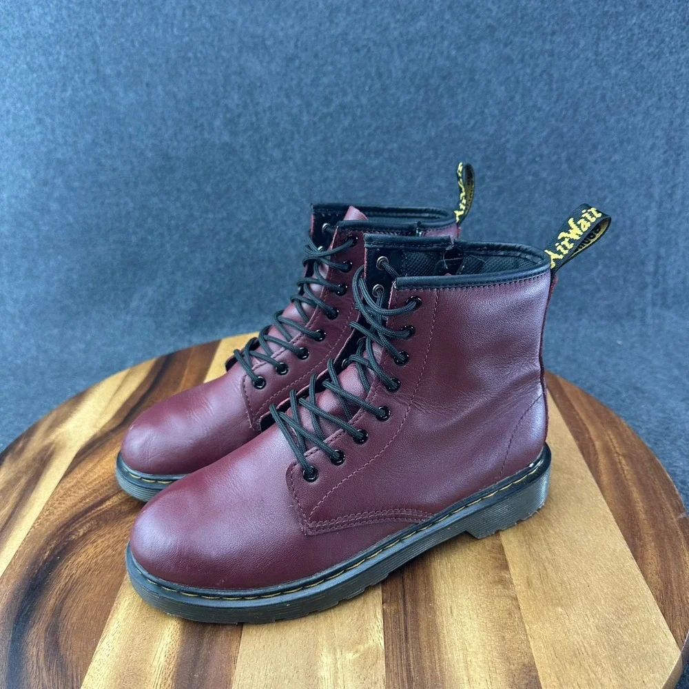 Dr Martens 1460 J Womens Burgundy Leather Lace Up Side Zip Combat Boots Size 5L